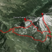 Dalla loc. Mezzeno (1.600 m), frazione di Roncobello, mi dirigo verso P.so Branchino (1.821 m) e poi verso il Rif. Capanna 2000 (1.969 m) percorrendo i sentieri 219 e 222; raggiungo il Pizzo Arera (2.512 m) e, tornando indietro, proseguo deviando a destra appena prima del rifugio (sentiero 244) fino alla Corna Piana (2.302 m) e da lì rientro al punto di partenza percorrendo il sentiero 218.